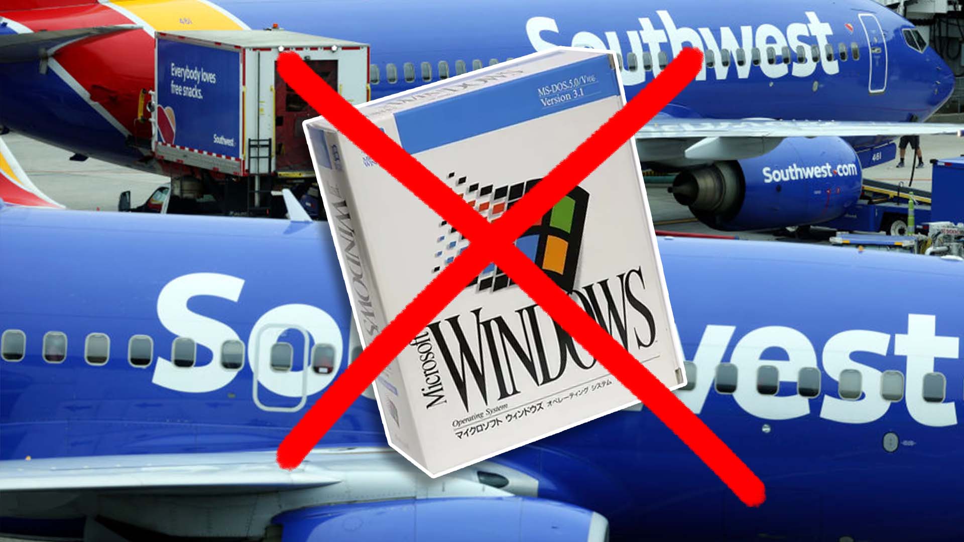 The image shows the Windows 3.1 box crossed out in front of some planes. 